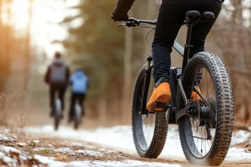 Naklejka premium Bicyclist on snowy trail with two riders in the background.