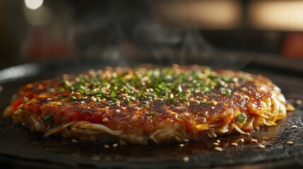 Hot okonomiyaki on black pan