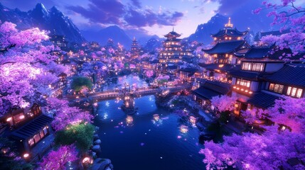 Fototapeta premium Enchanting Asian Town Twilight Sakura Blossoms