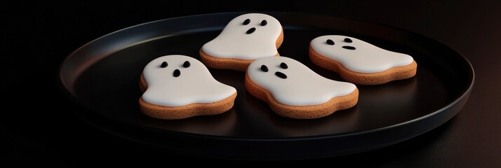 Cute ghost cookies on a black plate, a cute and creepy Halloween concept.