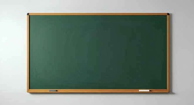 An empty green chalkboard with a wooden frame, set in a minimalist classroom, clean and unmarked, ready for educational use