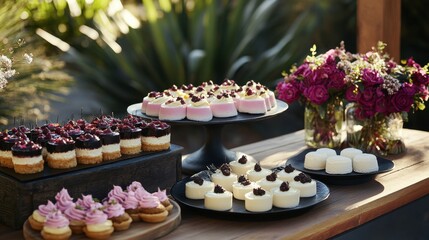 A glamorous dessert buffet with a selection of mousses and panna cottas, styled for an evening garden soiree.