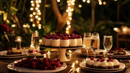 A glamorous dessert buffet with a selection of mousses and panna cottas, styled for an evening garden soiree.