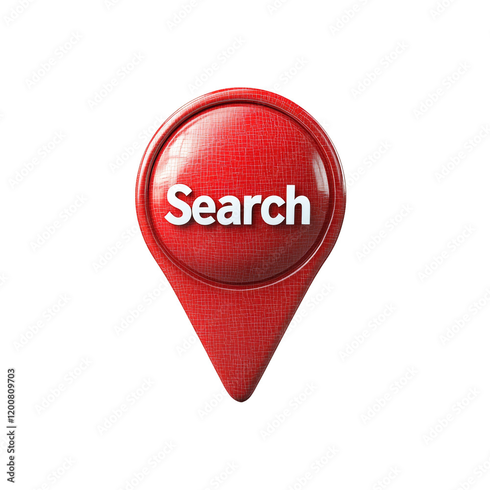 Poster A red textured map pointer with the word Search in white lettering, representing online search functionality.