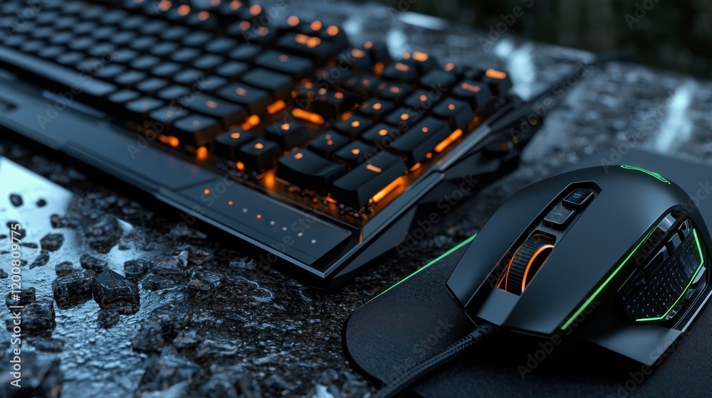 Poster a black computer keyboard and a green and orange computer mouse are on a table