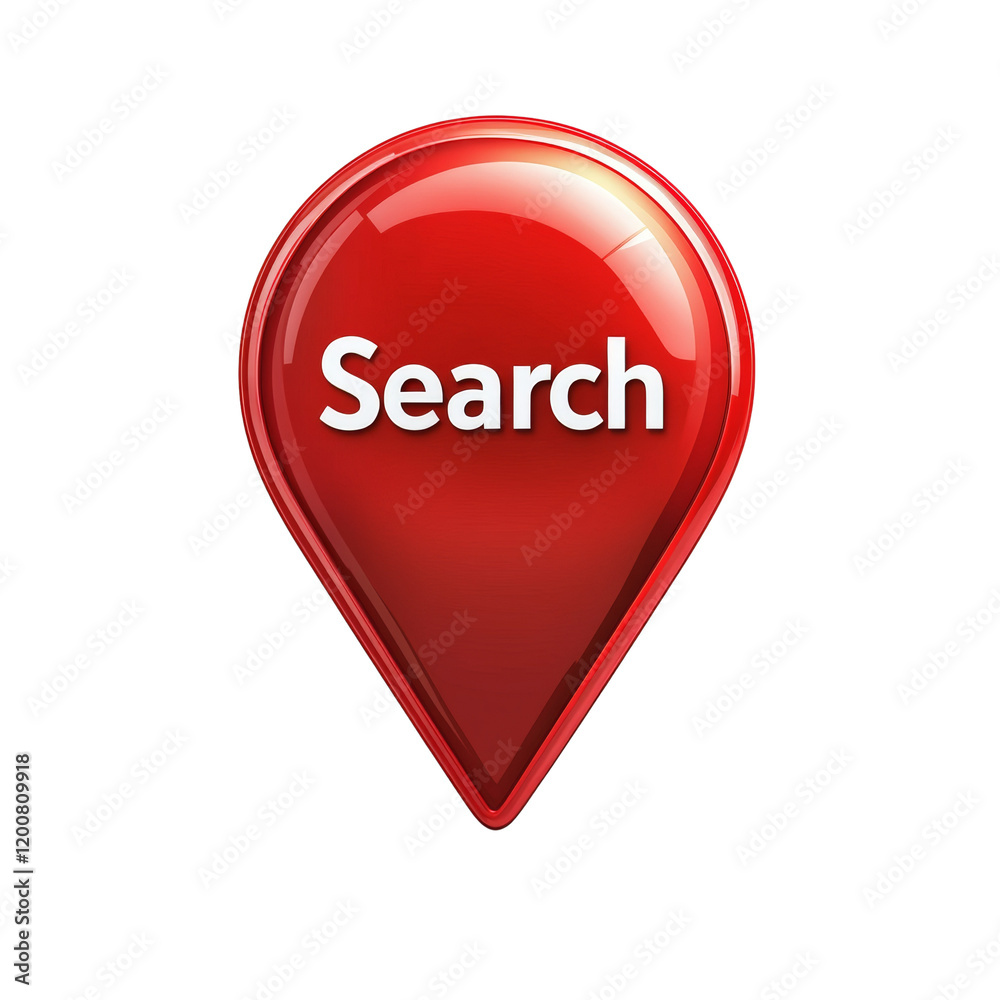 Poster A 3D rendered red glossy search icon shaped like a map pointer with white text.