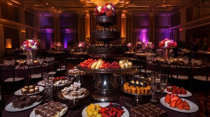 Fototapeta premium A grand dessert table featuring a chocolate fountain, surrounded by an array of fruit and pastries in a luxurious event space.