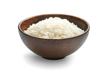 Cooked Rice in a Wooden Bowl Against a White Background