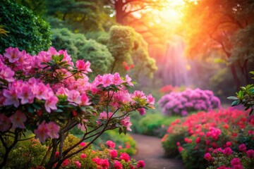 Dreamlike azaleas explode in vibrant pink, lush foliage blurring reality.