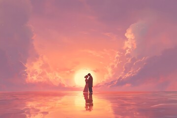 Fototapeta premium Romantic Couple Embraces at Sunset Over a Field