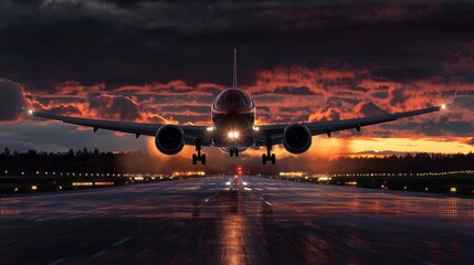 A large airplane is taking off from a runway