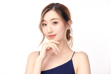 Naklejka premium Beautiful young asian woman with clean fresh skin on white background, Face care, Facial treatment, Cosmetology, beauty and spa, Asian women portrait.