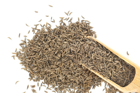 Caraway seeds spilling from wooden scoop on white background