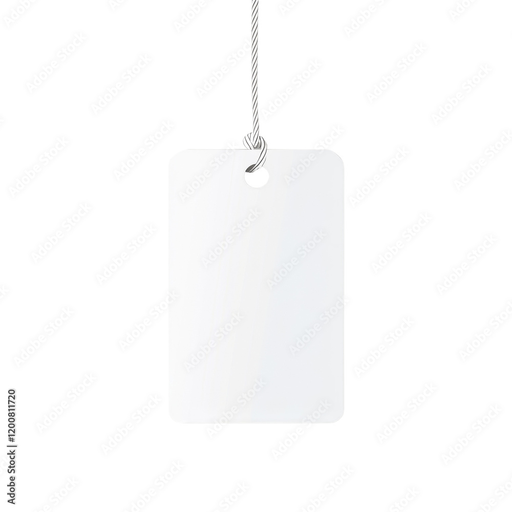 Poster A simple image of a blank white rectangular tag hanging from a striped string against a light grey background.