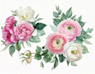 Blush pink rose, ranunculus, camellia, white peony and magnolia vector design bouquets. 