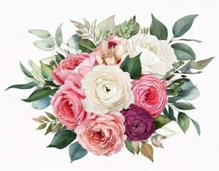 Blush pink rose, ranunculus, camellia, white peony and magnolia vector design bouquets. 