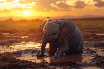 Sunset Serenity: A Baby Elephant's Mud Bath Adventure