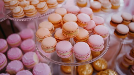 Fototapeta premium A luxurious display of French pastries, including macarons and eclairs, arranged on a glass table with gold accents.