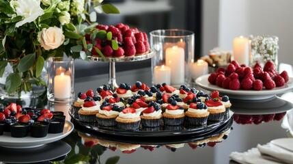 Naklejka premium A magnificent array of fruit tarts and mousse cups on a mirrored table, styled with fresh flowers and candles in a luxurious dining area.