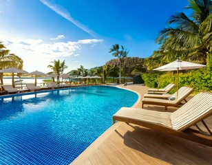 Obraz premium Empty swimming pool with sunbed around outdoor swimming