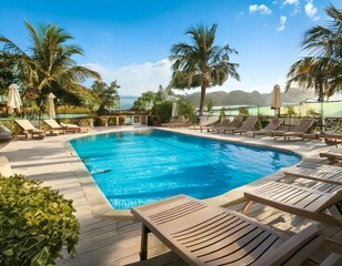 Empty swimming pool with sunbed around outdoor swimming