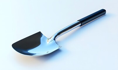 Chrome shovel with black handle on white background.