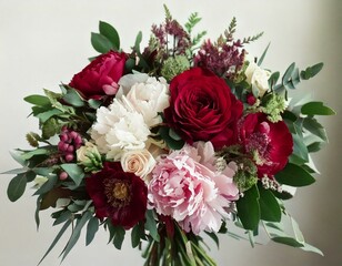 Floral banner arranged from leaves and flowers. Peony, greenery and roses card. Stylish fashion frame. Dusty pink light. Wedding design. Blush, green, white, burgundy tones. Isolated and editable