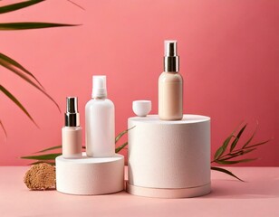 Make up products prsented on white podiums 