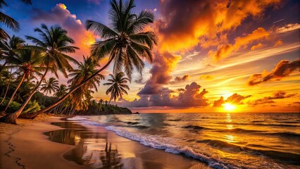 Fototapeta premium Golden hour paints the tropical beach in vibrant sunset hues.