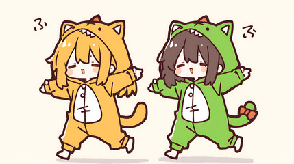 Two animated characters in colorful dinosaur onesies joyfully dancing together in a playful setting