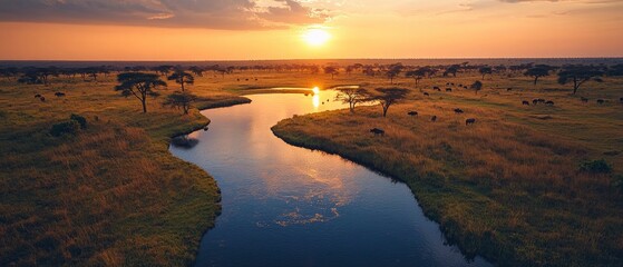 Serene sunset over a tranquil river in the savannah, with grazing animals silhouetted against the horizon