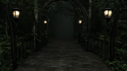 Fototapeta premium Enchanting Foggy Forest Bridge with Antique Lamps
