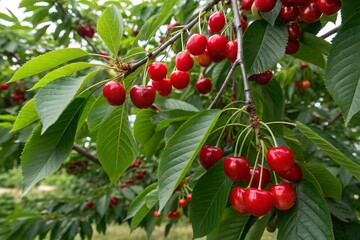 Obraz premium Ripe cherries hanging on branch. Fresh fruit harvest