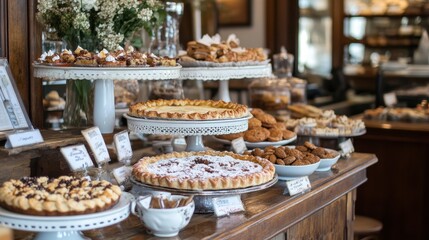 Fototapeta premium A picturesque dessert table with an assortment of pies and cookies, styled with vintage china in a cozy, high-end caf.