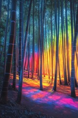 Rainbow-lit bamboo forest path at sunset.