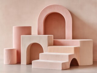 A modern arrangement of geometric shapes in pastel colors, creating a visually appealing, minimalistic display on a neutral background.