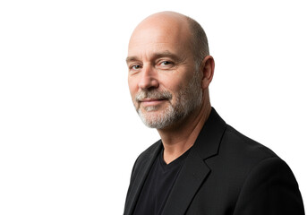 Fototapeta premium Portrait of a Mature Bald Man in Black Jacket Serious Expression Professional Headshot Face Male 