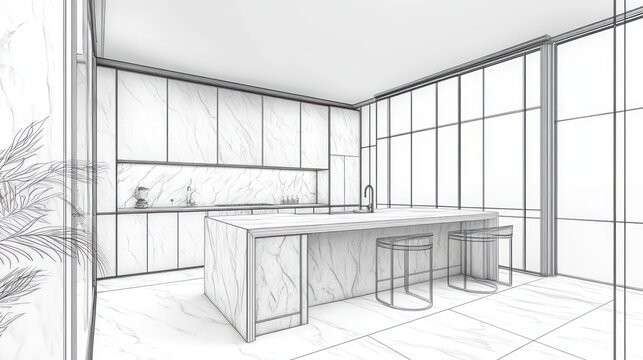 Fototapeta Modern Kitchen Design: Wireframe Rendering of Luxurious Interior Space