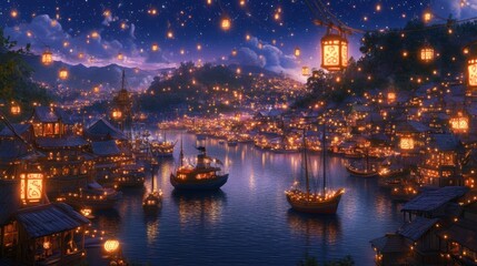 A scenic nighttime harbor with cargo ships and cranes, the water's surface a canvas for the dancing lights of the bustling port.