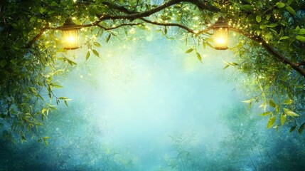 Fototapeta premium Enchanting Forest Path Lit by Hanging Lanterns