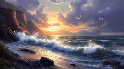 Fototapeta premium Dramatic Coastal Sunset Scene With Birds In Flight