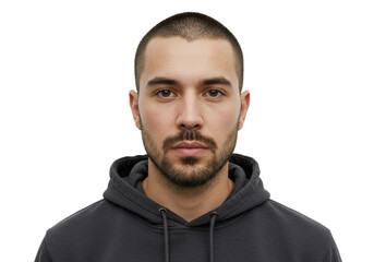 Fototapeta premium Serious Young Man Portrait Dark Hoodie Studio Shot Guy Men Male Face Grey Black Model Style Adult 