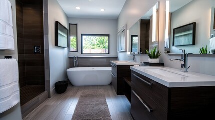 A large bathroom with a white bathtub and two sinks