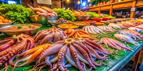 Fototapeta premium High-resolution panoramic photo of a vibrant Asian seafood market, showcasing fresh squid at a bustling market stall.