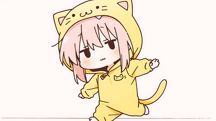 Obraz premium Cute animated character in a yellow cat onesie playfully walking, with a soft pastel background