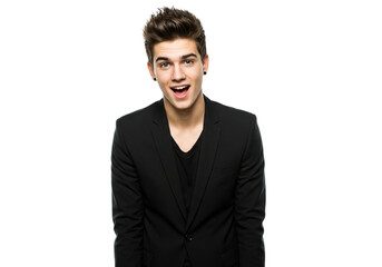 Fototapeta premium Surprised Young Man Black Blazer Studio Portrait Handsome Model Face Male Dark Happy Human Image 