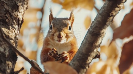 Obraz premium Squirrel perched on a tree branch amidst autumn leaves, enjoying a snack in a serene forest