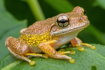 Close-up of a vibrant frog perched on a green leaf, showcasing its intricate skin patterns and surroundings