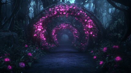 Fototapeta premium Enchanting Glowing Rose Archway in Dark Forest