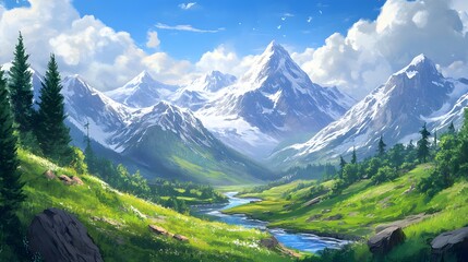 Fototapeta premium Majestic Mountains Valley Scenic Landscape Artwork